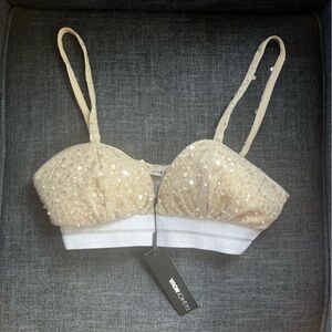 Fashion Nova Glittering Champagne and White Bra Top.  Sequined. NWT.  Small.